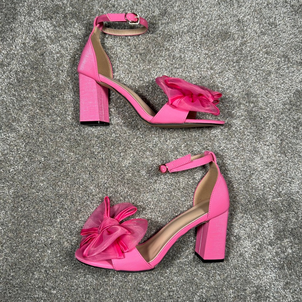 Hot Pink Block Heel Sandals Oversized Organza Bow Ankle Strap Size 38 EU